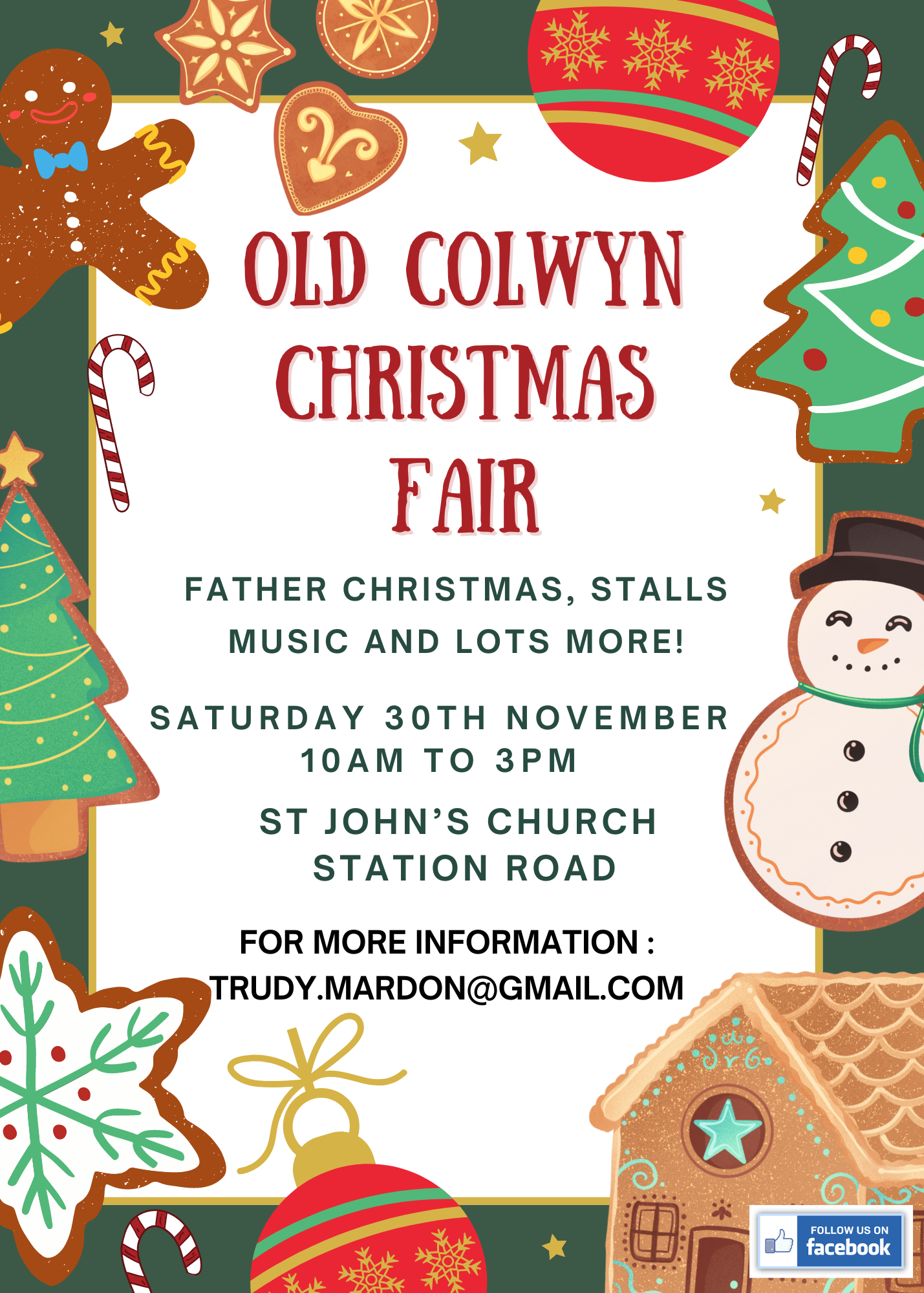 Old Colwyn Christmas Fair, Father Christmas, stalls, music and lots more! Saturday 30th November 10am to 3pm, St John's Church, Staion Road, Old Colwyn. For more information: Trudy.Mardon@Gmail.com